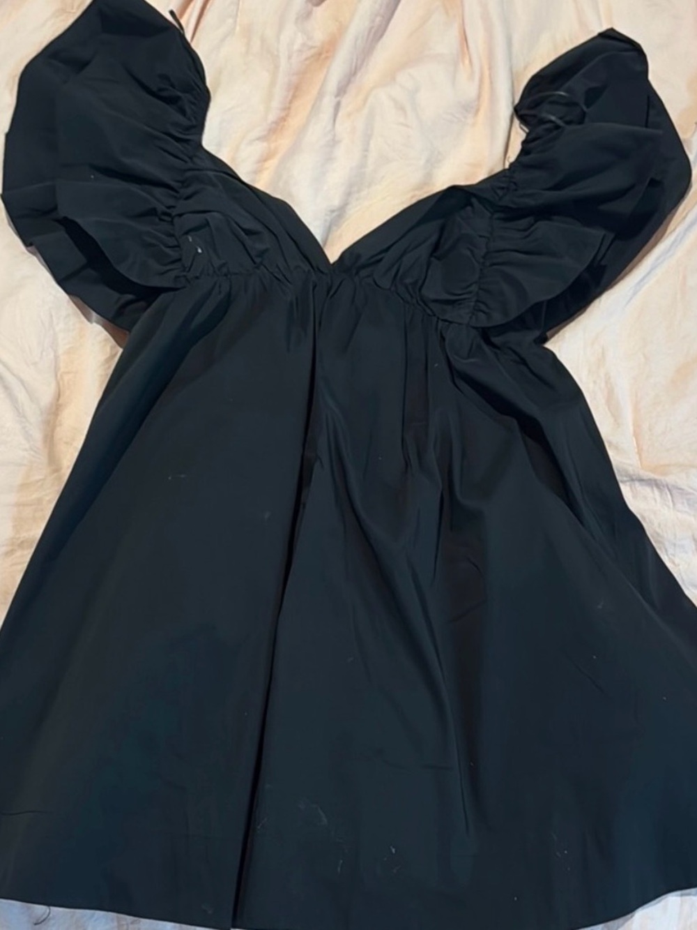 Black Puff-Sleeve V-Neck Women's Dress